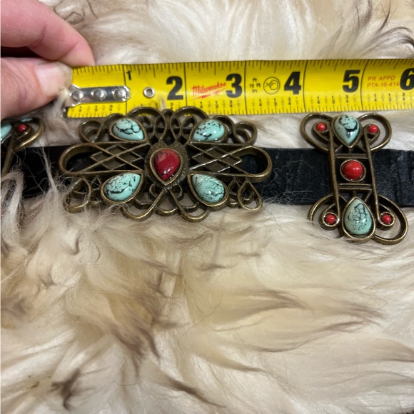 black leather western concho belt faux coral and turquoise stones scroll design - Picture 16 of 17